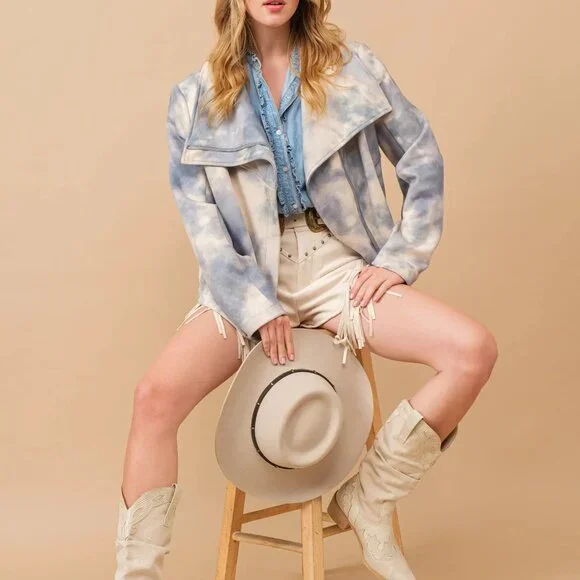 22068J - Suede Tie Dye Moto Jacket  Blue B. - Picture 3 of 4